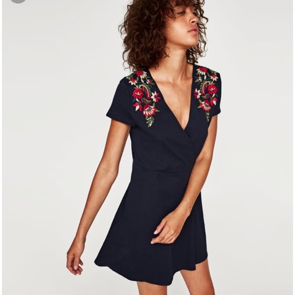 Zara Dresses Zara Navy Blue Embroidered Faux Wrap Dress Size M